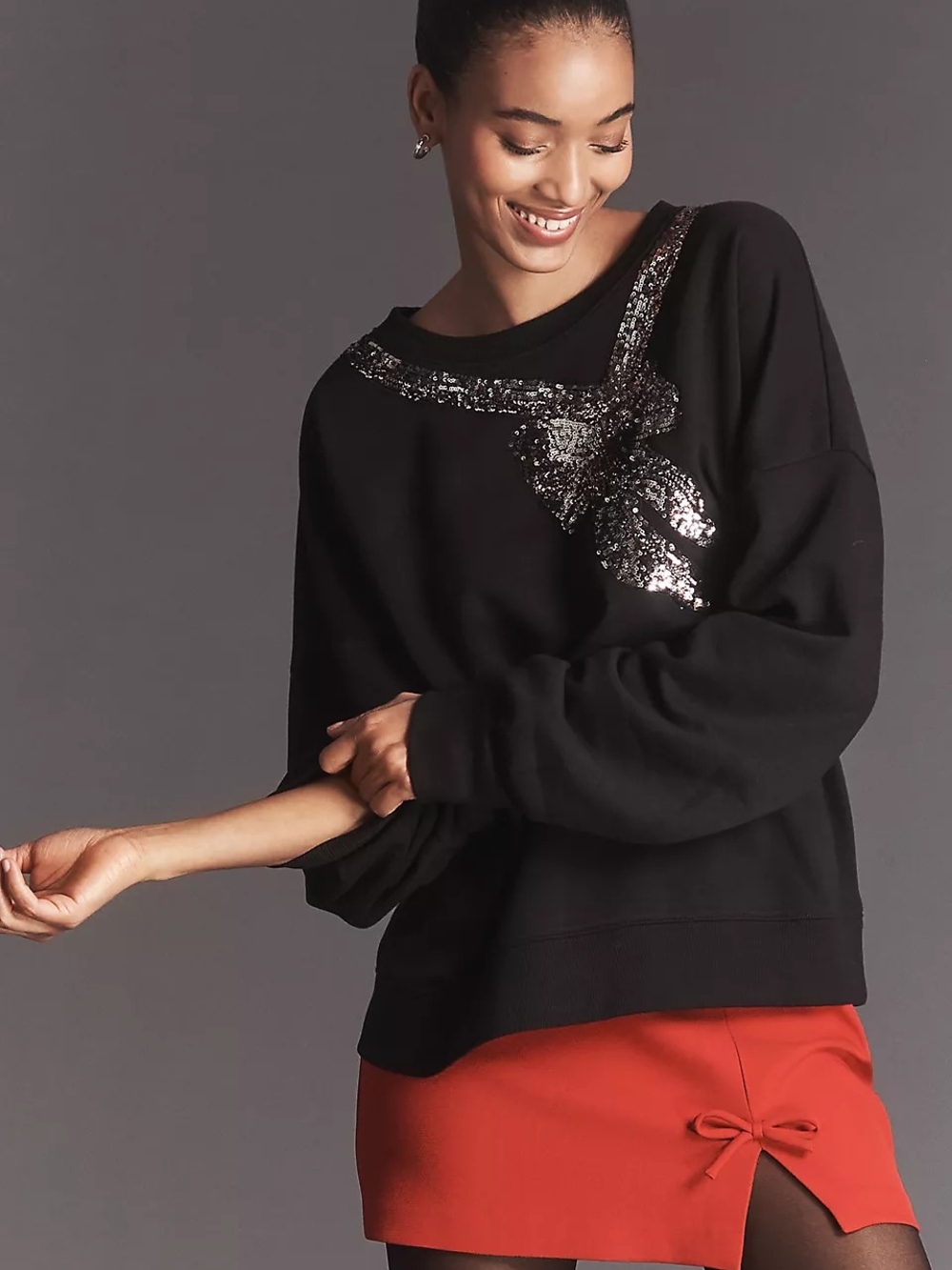 Maeve By Anthropologie Black Bow Sequin-Trim Pullover Sweatshirt